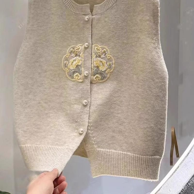 Round Neck Embroidered Chinese Style Knit Vest Women Spring Outerwear Sweater Waistcoat
