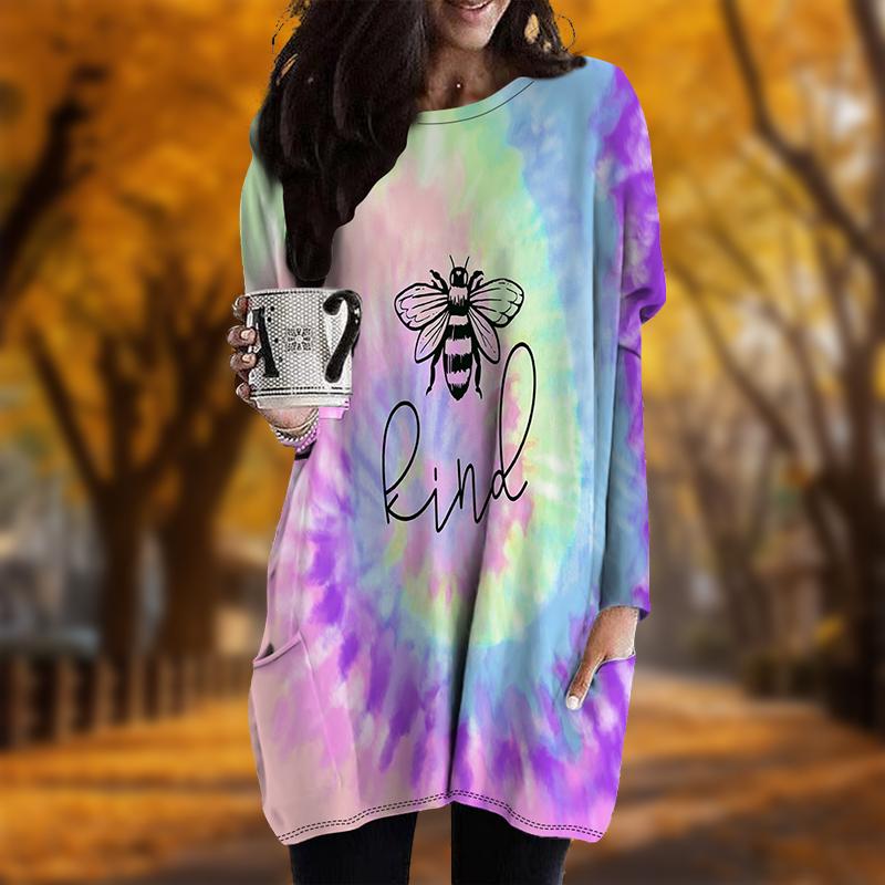 

Новинка осени Радужный пчела Принт Плюс Размер Платье Женщин О-образным Вырезом Длинные Рукава Повседневные Карманные Платья 8XL фиолетовый