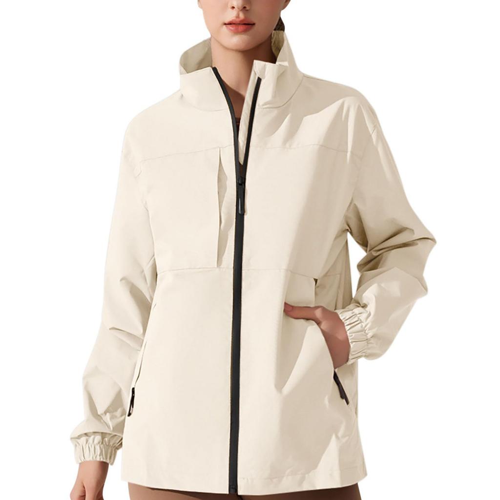 Giacca antipioggia da donna a righe solide Outdoor Plus Impermeabile con cappuccio impermeabile antivento