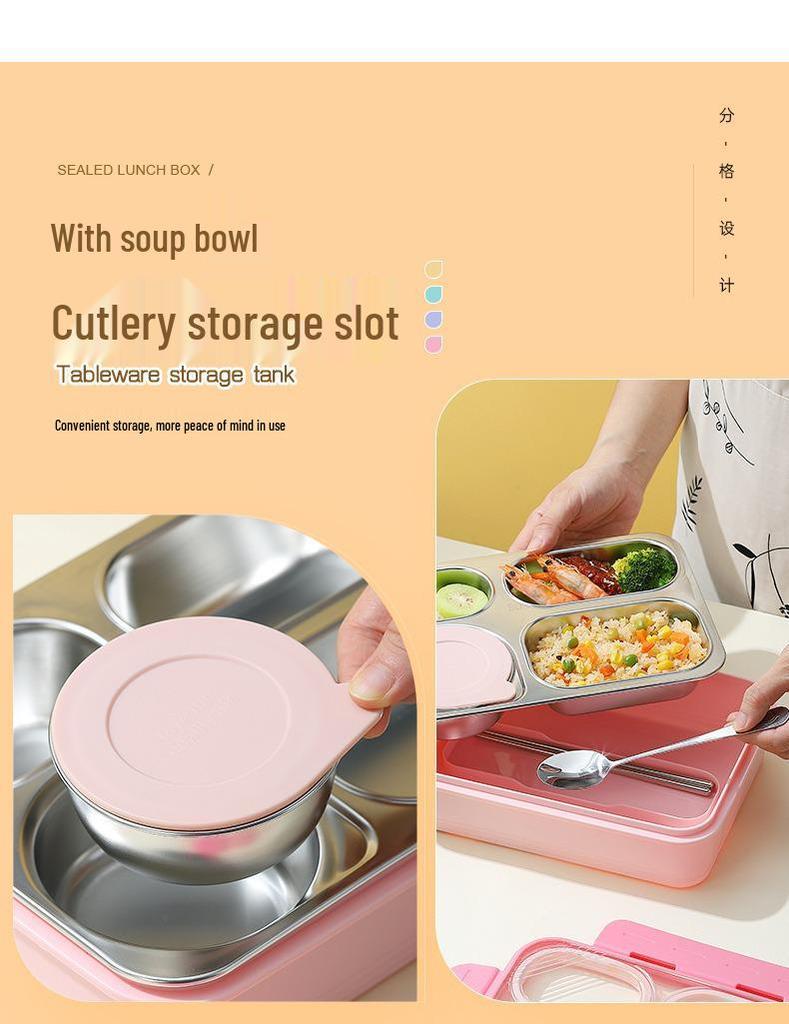 Leak-Proof Stainless Steel Square Lunch Box with Four Compartments: Portable, Multi-Functional, Ideal for Work or School, Customizable Logo