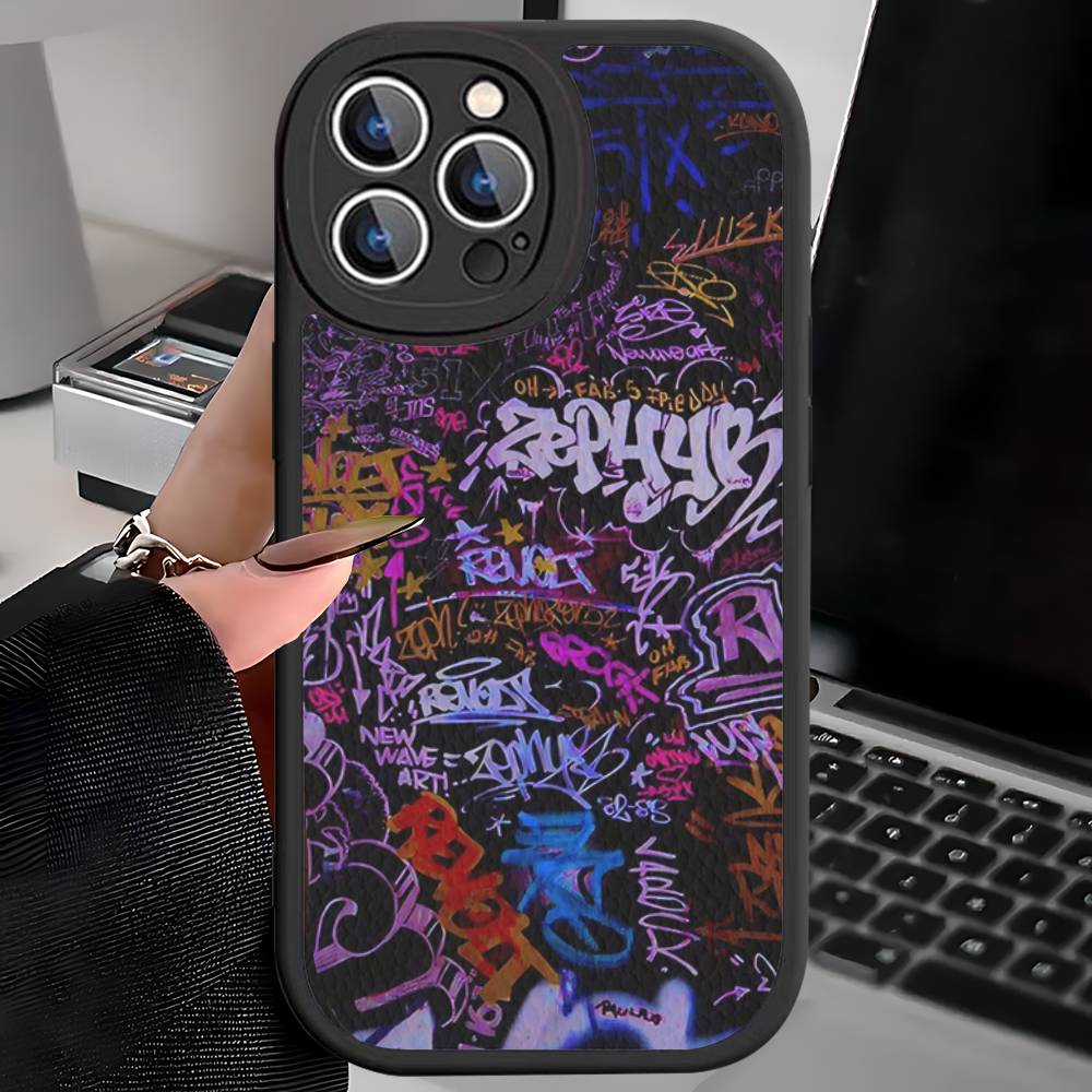 Coole Schwarze Graffiti Leder Handyhülle Für iPhone 16 15 14 17 Pro Max 11 12 Mini Plus Weiche Hülle