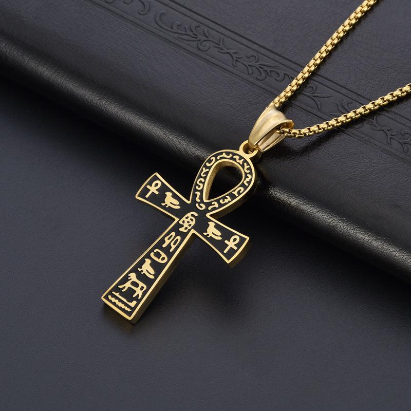 316L Stainless Steel Egyptian Anka Cross Pendant Chain Necklace For Men Women Vintage Zircon Accessories
