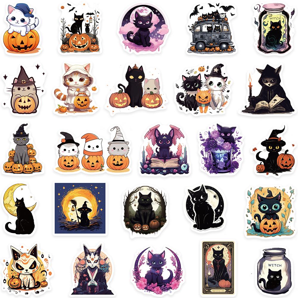 10/50PCS Halloween Cat Stickers Witchy Gothic Black Cat Witch Moon Tarot Boho Halloween Cute Stickers Scrapbook Bottle Phone Graffiti Sticker