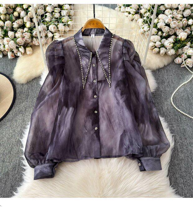 

Women s Retro Tie-Dye Gradient Slim-Fit Bell Sleeve Mesh Top One Size глибокий/синій