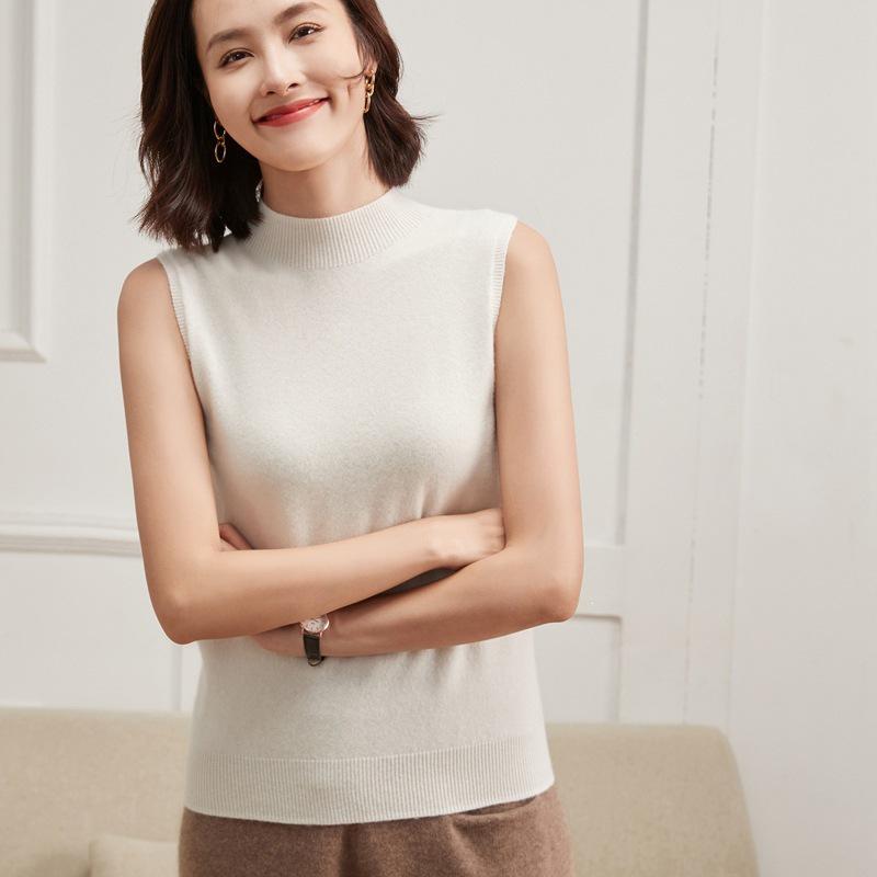 Women's Cashmere Sleeveless Vest - Autumn/Winter, Half-High Collar, Solid Color, Seamless Knit Pullover