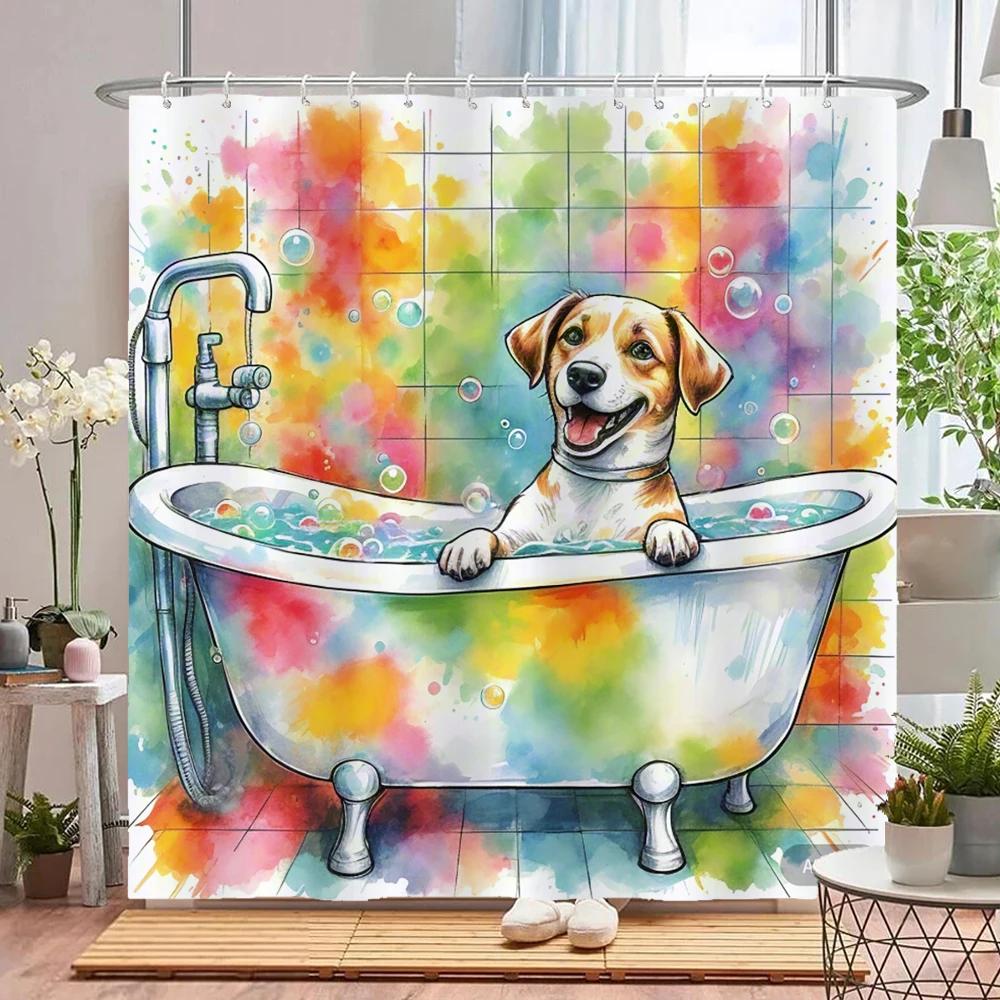 Funny Bathing Cat and Dog Shower Curtain Waterproof Bathroom Curtain Creative and Interesting Partition Bath Curtain with Hooks