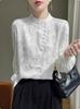 Light Chinese-Style Satin Shirt: Women's Spring Workplace Wear, Long Sleeve, Stand Collar, with Print.