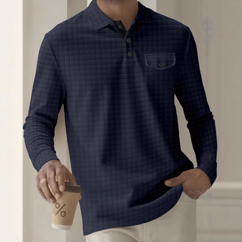 Spring and Autumn Men's Long Sleeve Plaid Polo Shirt Button Pocket Sports Polo Shirt