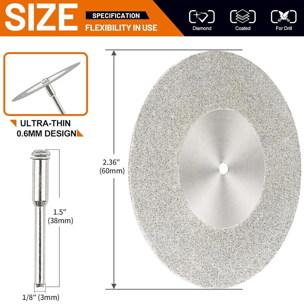 SI FANG 5Pcs 60mm Diamond Cutting Disc Cut Off Wheels with 5Pcs Mandrel 1/8'' Shank Stone Blade for Rotary Tool Drill Attachment Cutting Discs