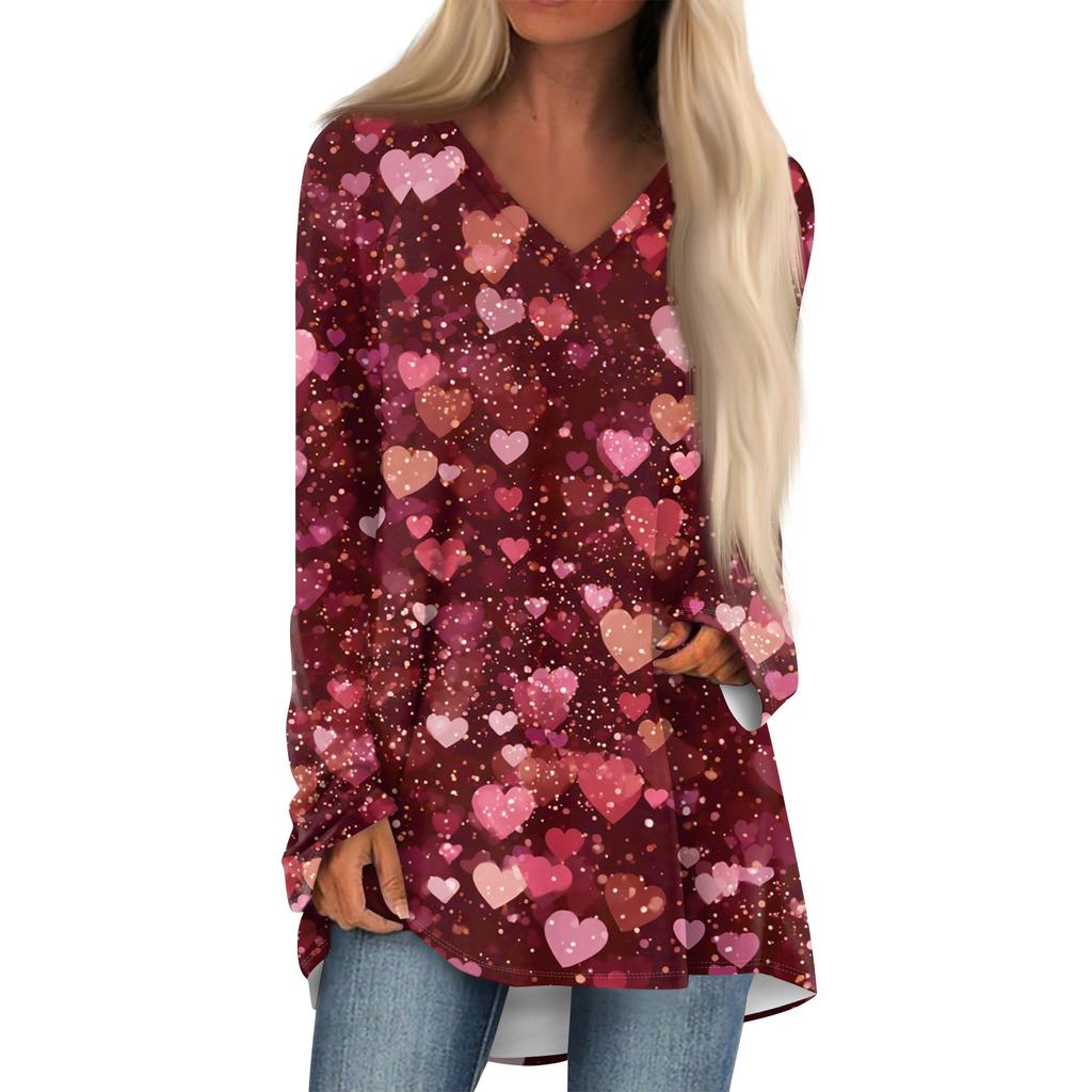 Women's Fashionable Casual Long-Sleeved Valentine's Day Print V-Neck Mid-Length Top