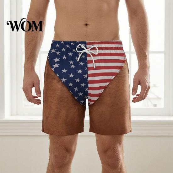 American Flag Pattern Shorts Funny Patriotic Men Shorts, Stars And Stripes Swim Trunks, Quick Mens Trunks Dry Drawstring Waist Board for Summer Beach