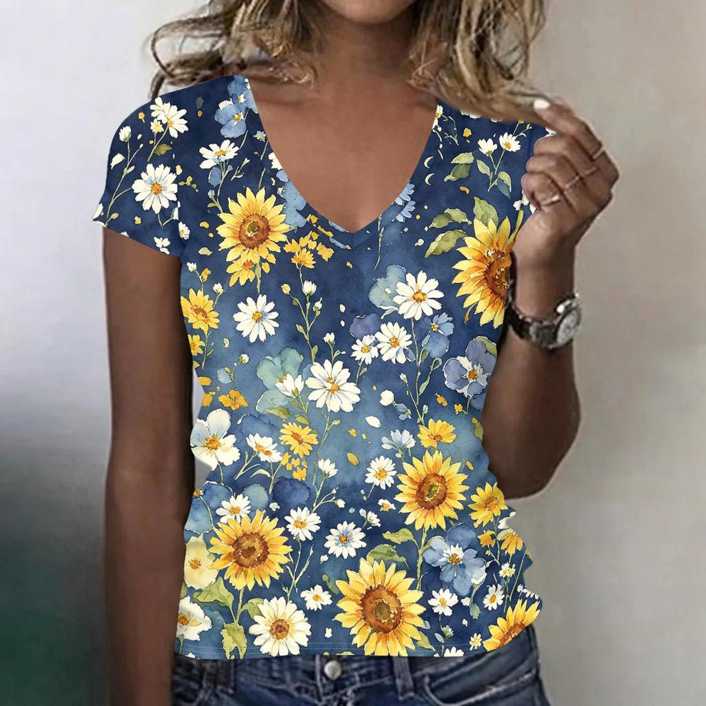 Women Casual V Neck Short Sleeve Floral Print T Shirt Lightweight Soft Fabric Summer Top Comfortable Fit