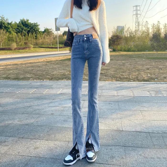 Spring 2025 Women’s High-Waist Elastic Flared Jeans: Slim, Slit-Style, All-Match Design