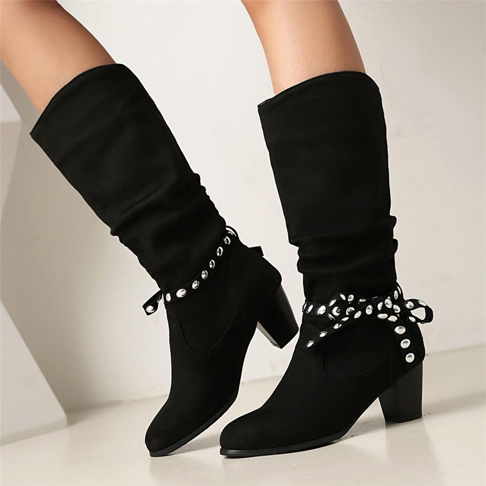 Fashion Large Size 35-43 Women Knee High Boots Ankle Strap Rivet With Retro Women's Motorcycle Boots Thick fur Warm Winter Botas Mujer
