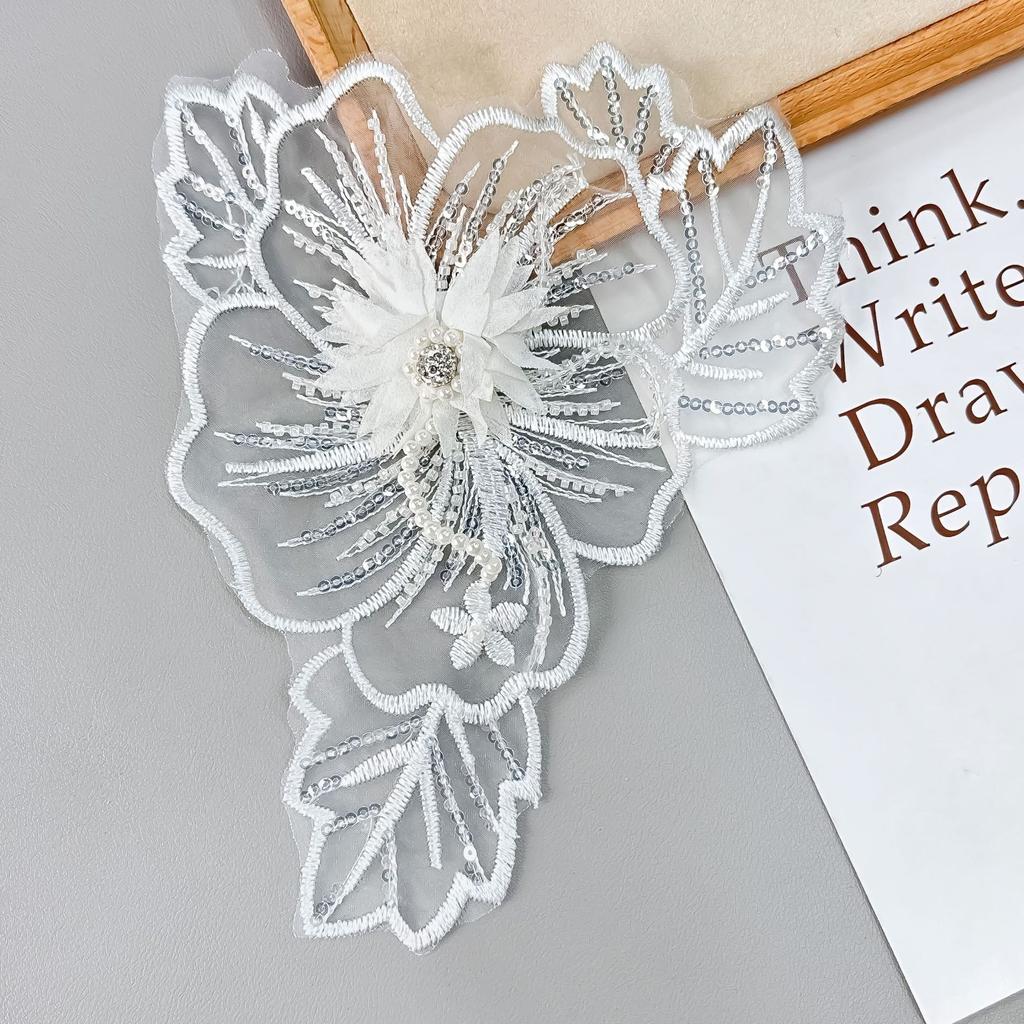White Handmade Beaded Mesh Sequined Lace Embroidered Cloth Sticker Wedding Dress Children'S Dress Decorative Clothing Accessories