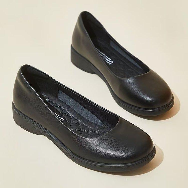 Shoes Black Round Head Low Heel Thick Sole Professional Shallow Mouth Leather Shoes Flat Sole Comfortable Single Shoes