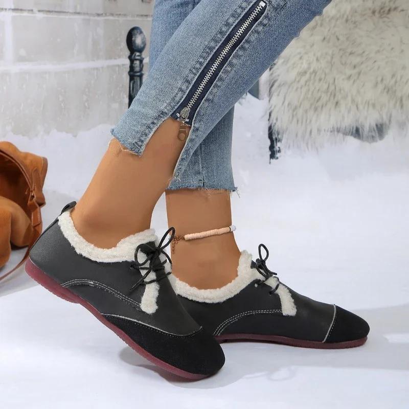 Fashion Winter Lace Up Women's Flats 2025 Casual Warm Moccasin Shoes Women Cow Suede Patchwork Round Toe Short Plush Ladies Flat Shoes