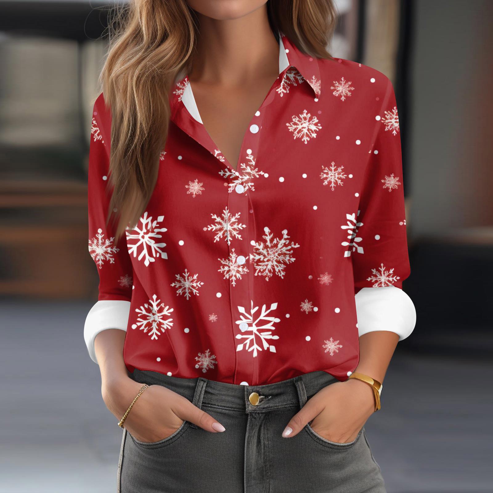 

Женская рубашка-блузка с рождественским принтом и пуговицами, длинный рукав, повседневный базовый рубашечный воротник, обычный топ XL арбуз красный