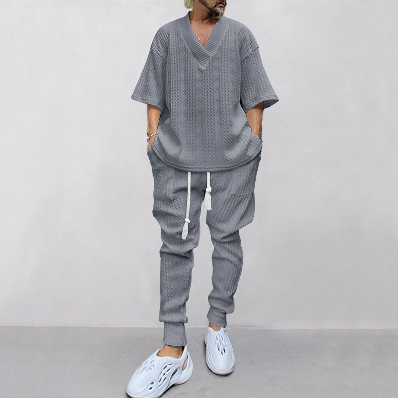 Men's Spring Loose Casual Set Seven Sleeve Knit Top + Long Pants Two Piece Set