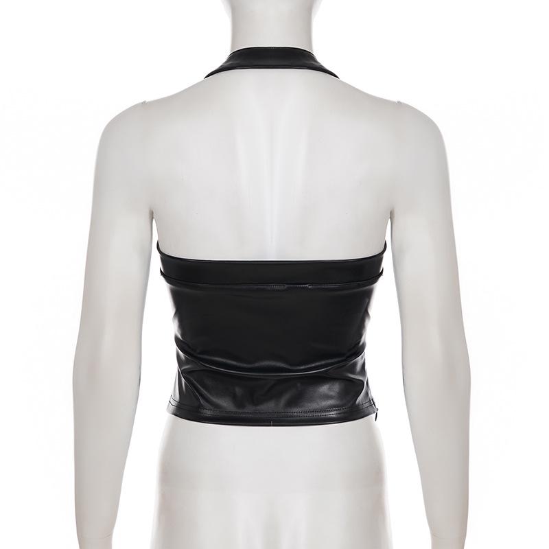 Sexy Street Style Leder-Neckholder-Top - Einfarbig, Tief ausgeschnitten Trendige Kleidung