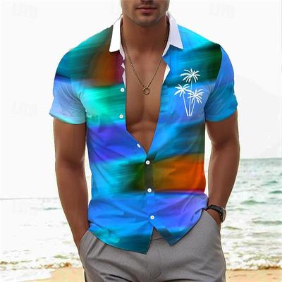 Men's 3D Blue Square Printed Shirt Button Up Shirt Casual Shirt Summer Shirt Short Sleeved Daily Vacation Clothing