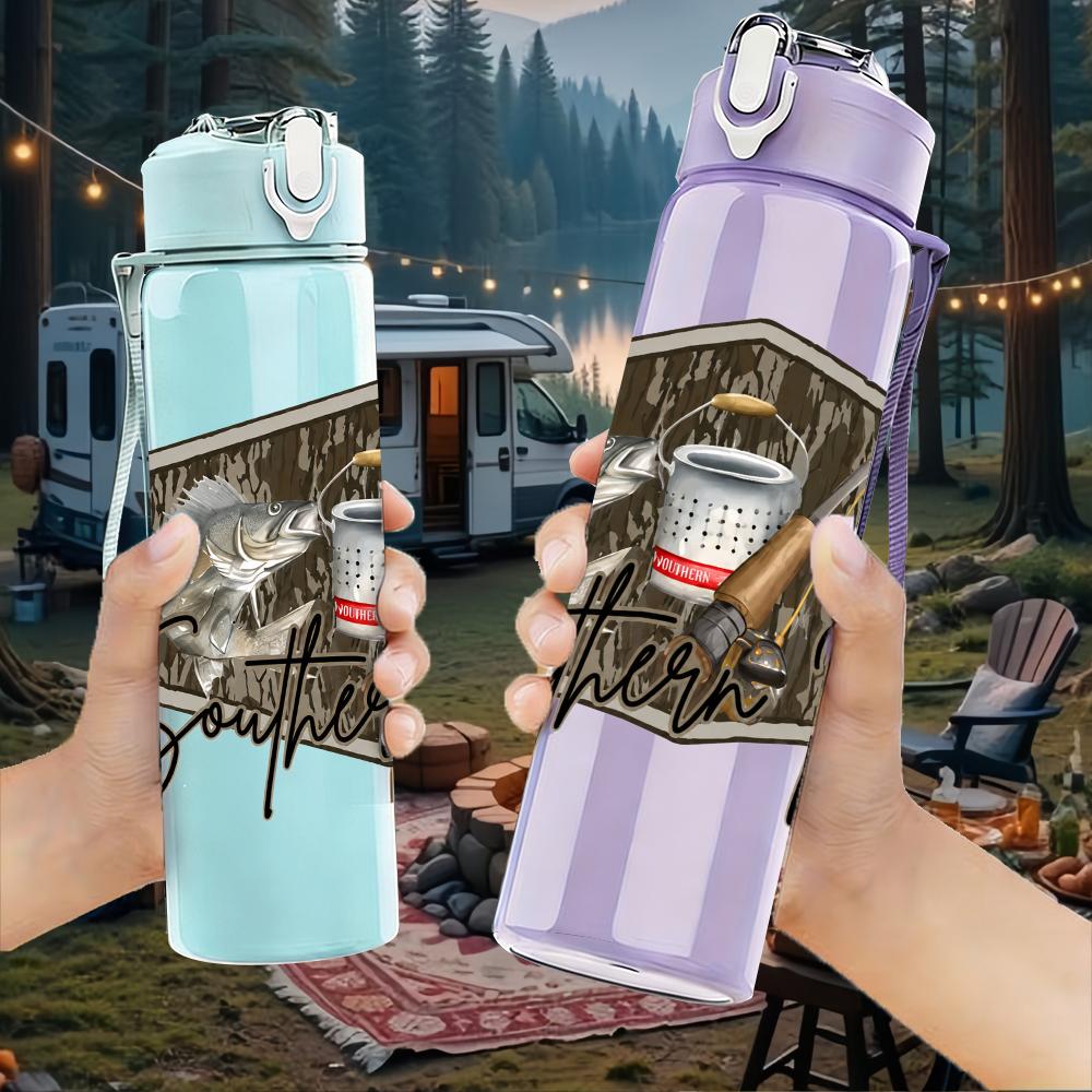1PC Vintage Camping Basket Layout 750ml Color Plastic Water Bottle Leakproof Flip Straw Lid For Sports Office Home Use