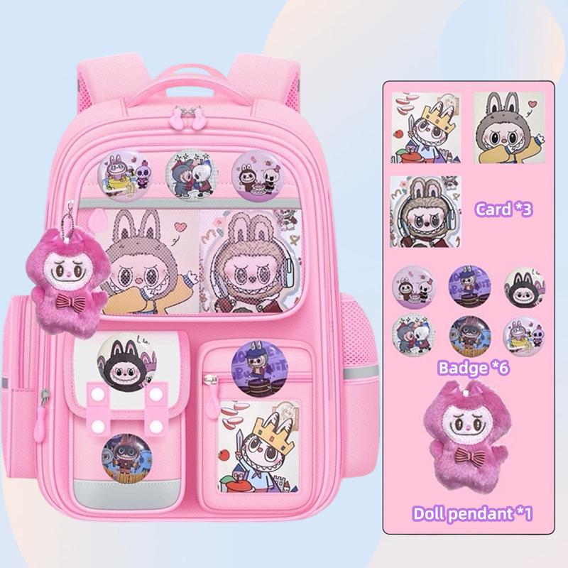 Nuovi Zaini Scolastici per Bambini LABUBU Cartone Animato Zaini per Bambini dalla Seconda alla Sesta Elementare Impermeabili Leggeri e di Grande Capacità con Ciondolo rosa