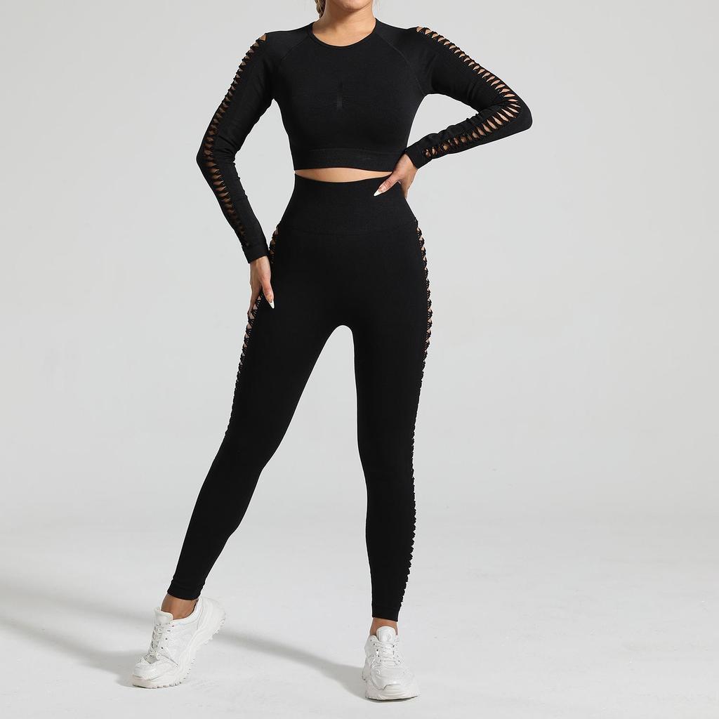 European American Tie-Dye Butt-Lift Yoga Set: Long Sleeve, Seamless Fitness Clothing with Hollow Out Design