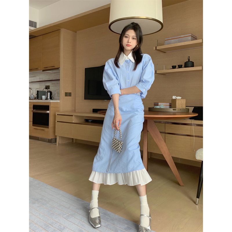 Sea Salt Cheese Gentle Oni Contrast Color Light Blue Stripe Shirt for Women Skirt Suit Summer