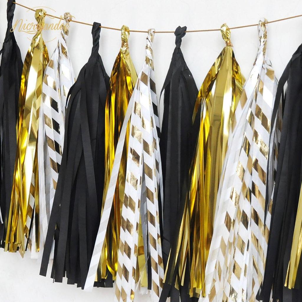 NICROLANDEE Black Gold Graduation Party Decorations, 15PCS Black Gold Tissue Paper Tassel Garland for Birthday, Wedding, Bridal Shower, Bachelorette