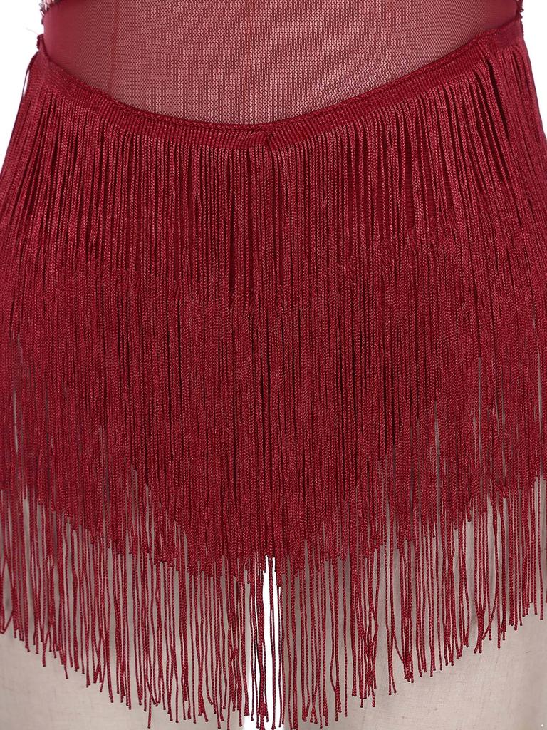 Vestido de Dança Feminino Brilhante com Strass Franjado Collant Design Patchwork de Malha Lantejoulas Fantasia de Performance Latina