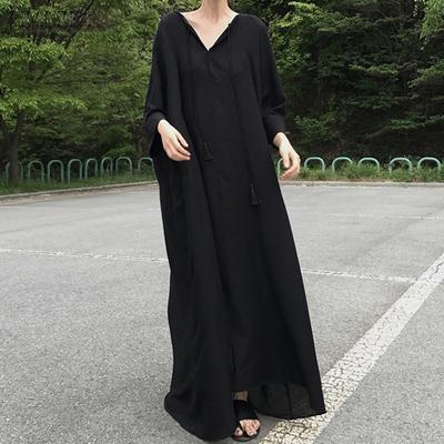 Dame V-hals 3/4-ermet Bomullskjole Sommer Løs Casual Kaftan Lang Kjole