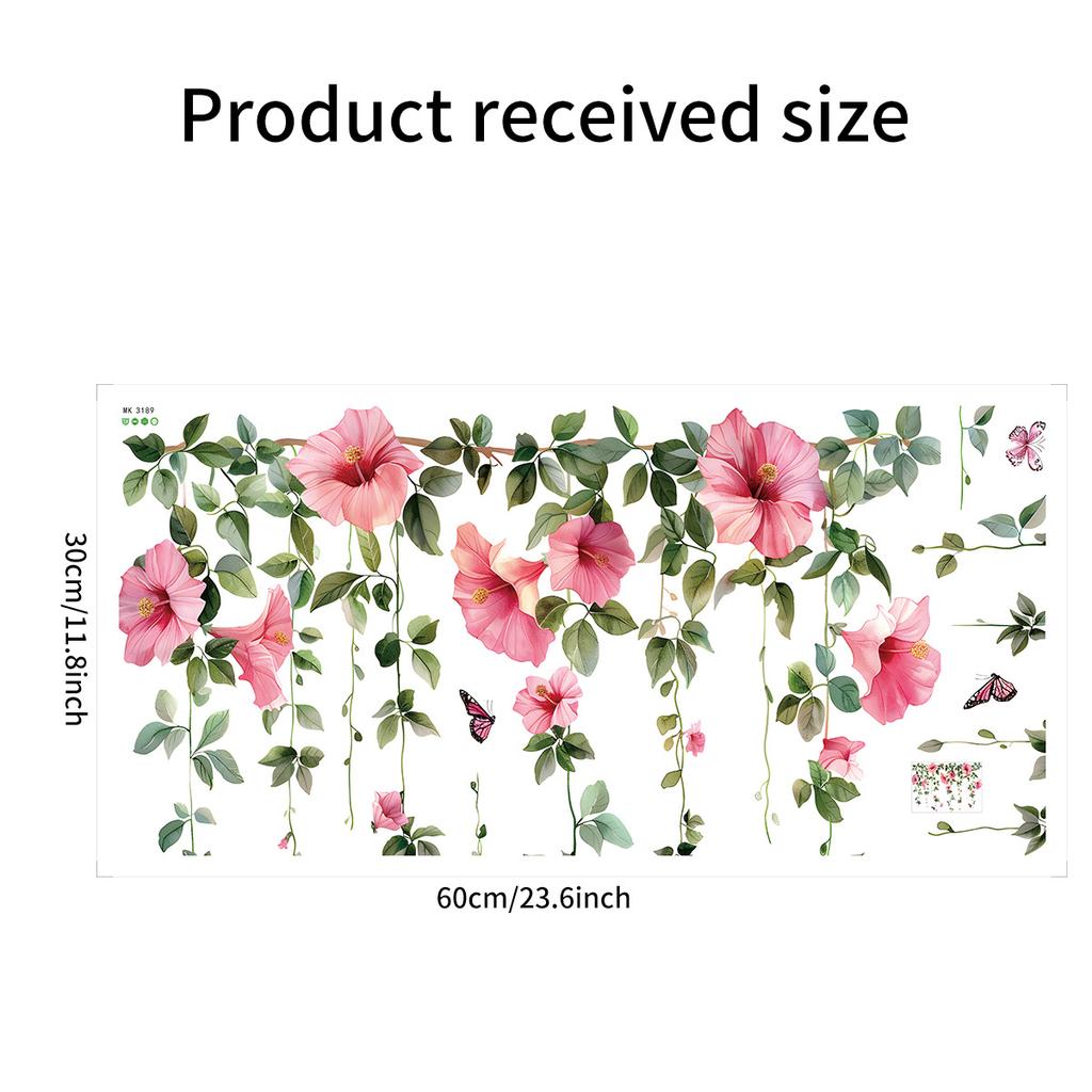 Fresh Pink Flower Branch Vine Window Glass Sticker Home Decor Wall Decal for Living Room Bedroom Self-Adhesive