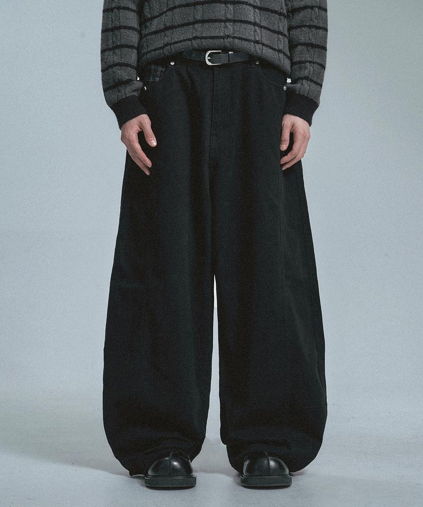 MOO Check Color Block Balloon Cotton Pants - Black