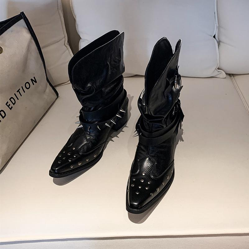 Fashion Punk Sle Ro Gothic Knight Boots Woman Rivet Chic Girls Pointed Toe High Top Boots Leather Inner Material Rubber Outsole Shoes