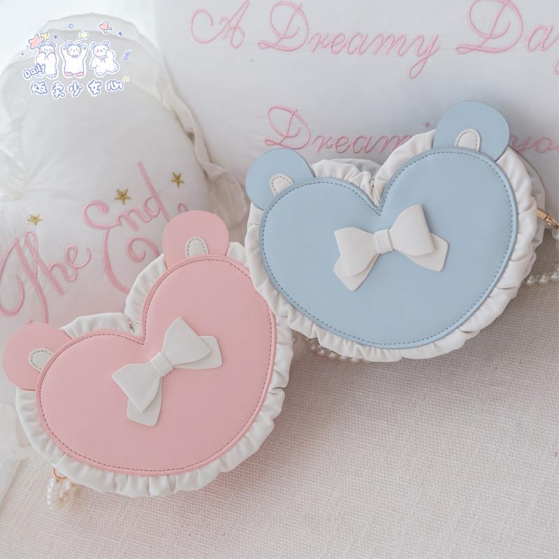 Contrast Heart Bow Bags for Woman Original Lolita Sac Femme Pearl Crossbady Bag Cute Bolso Teenage Girls Bolsos De Mujer