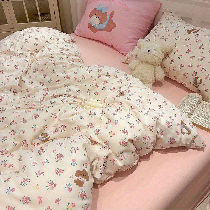 Floral Bedding Set with Duvet Cover,No Filling Flat Sheet with Pillowcases,Kids Queen Full Size Bed Linen,Boys and Girls New