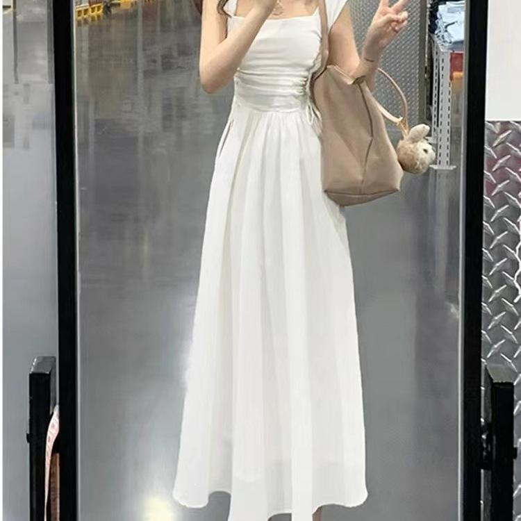 Blue Square Neck Suspender Dress Women's Summer New Splicing Skirt Feeling Waist and Thin Long Dress Women's Clothing