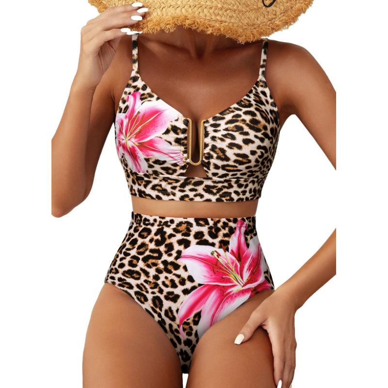 Women Floral High Waisted Bikini U Metal Ring Front Two Piece Spaghetti Strap Beach Swimsuit