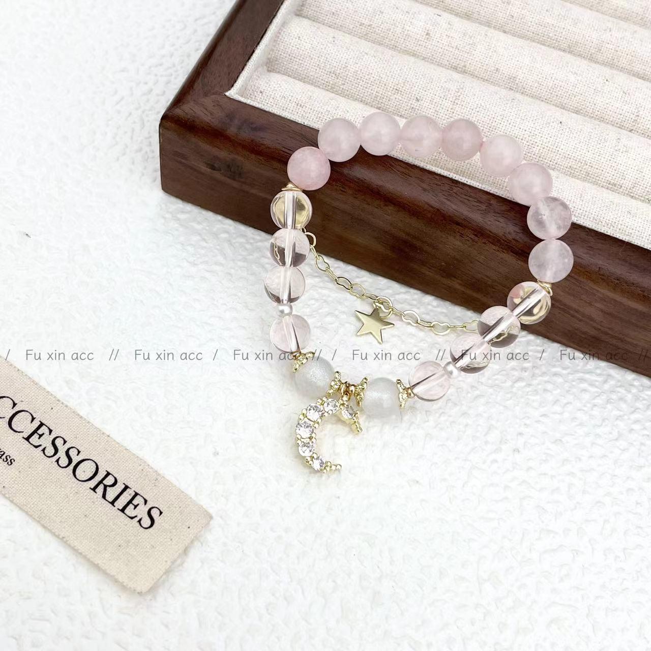 

Роскошный браслет из розового хрусталя и лунного камня: Милый, элегантный дизайн со звездами для женщин