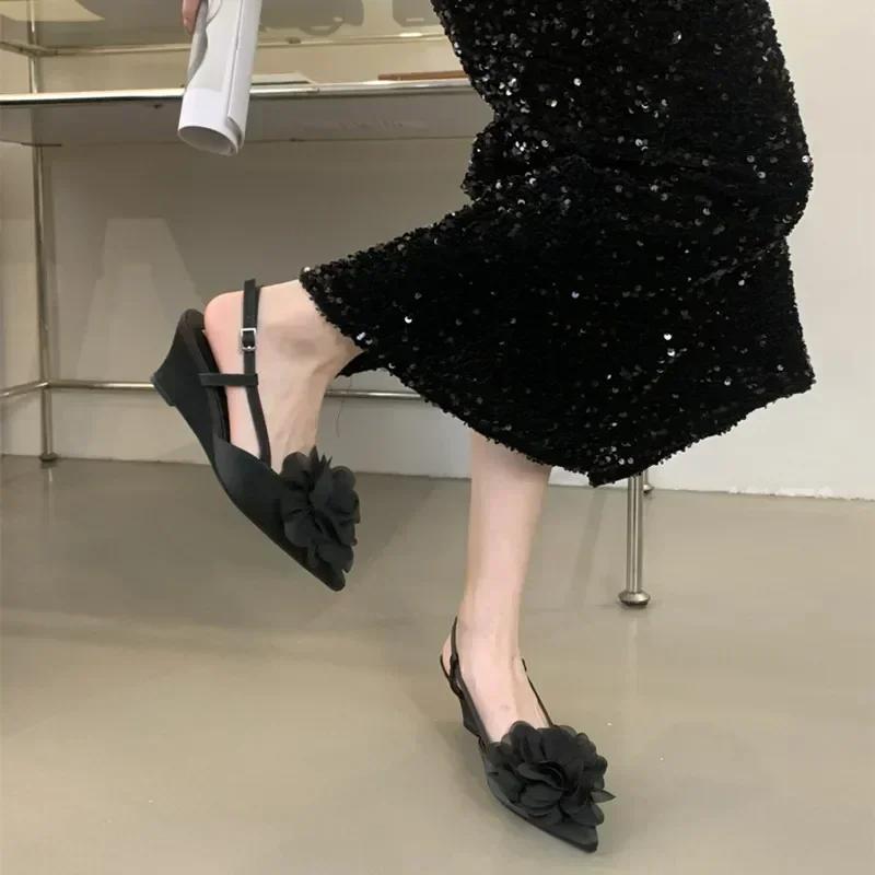 Fashion 2025 Luxury Designer Elegant Sandals Woman Summer Flower Buckle Strap Pumps Women Sexy Pointed Toe Wedge Heels Fashion Mule Shoe