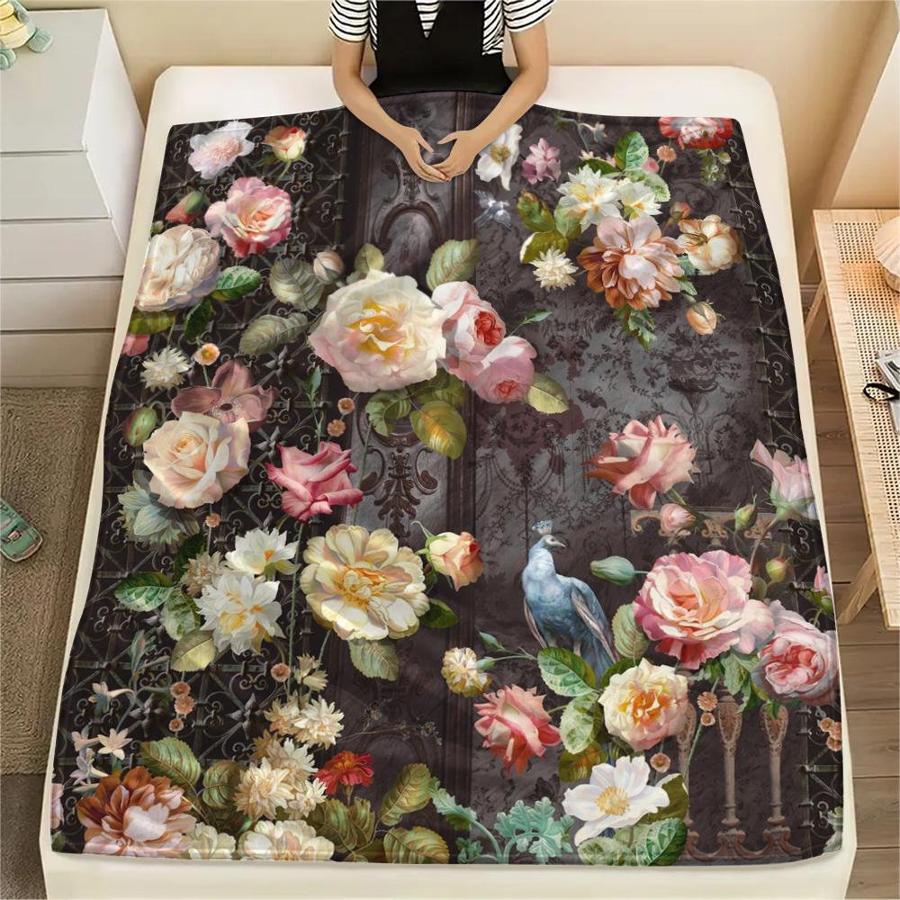 1Pc Vintage Floral Bird Print Flannel Blanket, High quality Comfortable for All Seasons, Home Decor, Warmth and Comfort, Perfect for Gifts