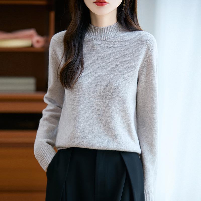 Women's Pure Color Wool Sweater - Half-High Collar, Loose Knit Pullover for Autumn/Winter