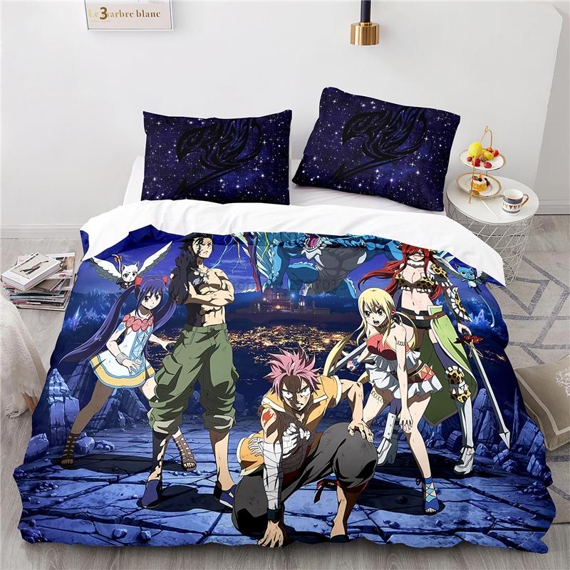 Popularne Anime Fairy Tail Zestaw Pościeli z Nadrukiem 3D Lucy Gray Fullbuster Etherious Nadrukowany Zestaw Poszwy na Kołdrę z Poszewką na Poduszkę