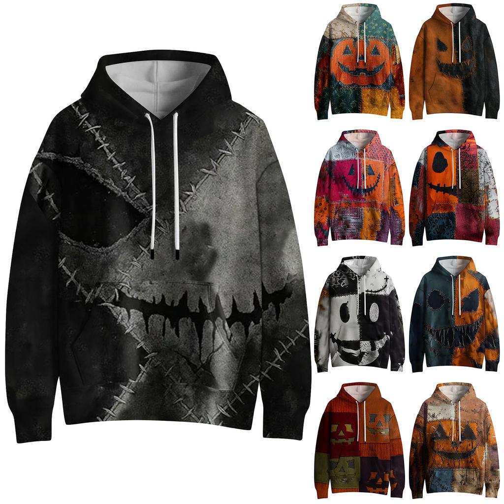 Women's Fashion Long Sleeve Pullover Halloween Print Hooded Pocket Sweatshirt