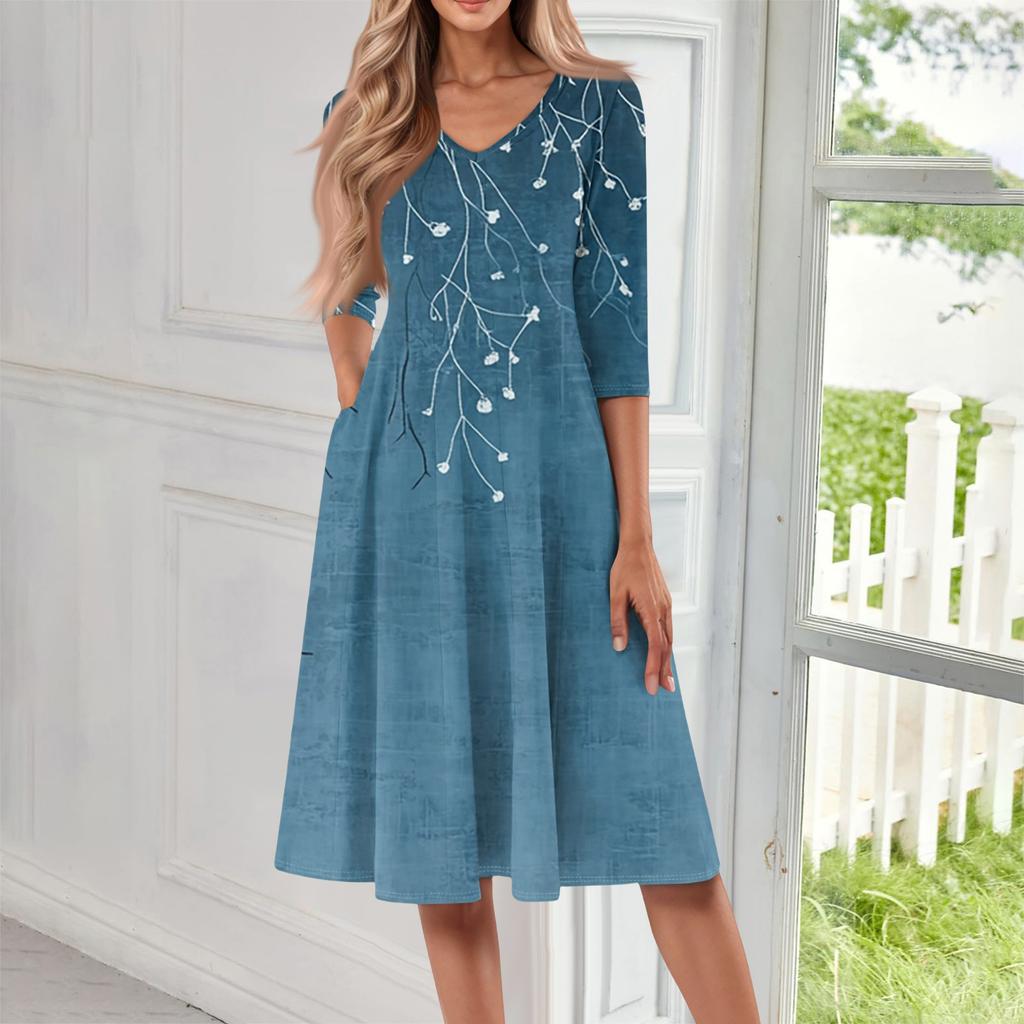 Women's Casual Fashion V Neck Three Quarter Sleeve Print Midi Dress