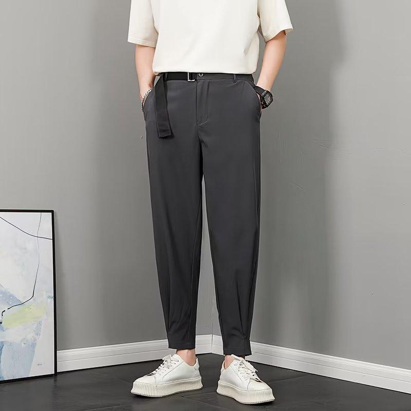 

Брюки для костюма с полуэластичной резинкой на талии, мужские модные брендовые брюки в британском стиле, модные уличные драпировки с облегающим кроем, черные, повседневные, маленькие 29 чёрный