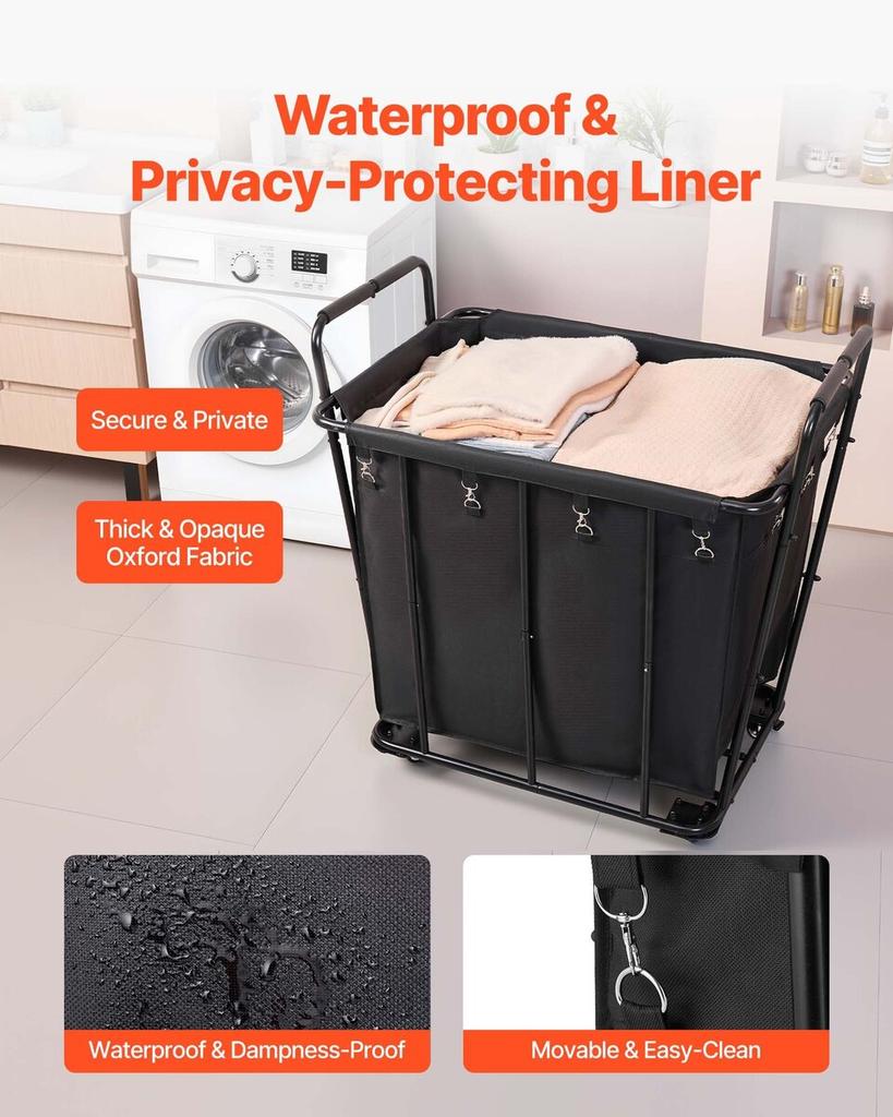 Laundry Cart, Rolling Grocery Utility Cart with Waterproof Liner & Swivel Wheels, 118 KG Large Load Capacity, Heavy Duty Shopping Basket for Laundry,