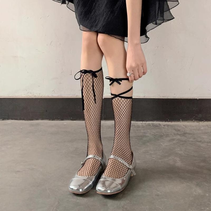 Japanese Lace Up Ribbon Bowknot Over Calf Socks for Women Gothic Hollow Out Sheer Fishnet Mesh Ultrathin Long Stockings