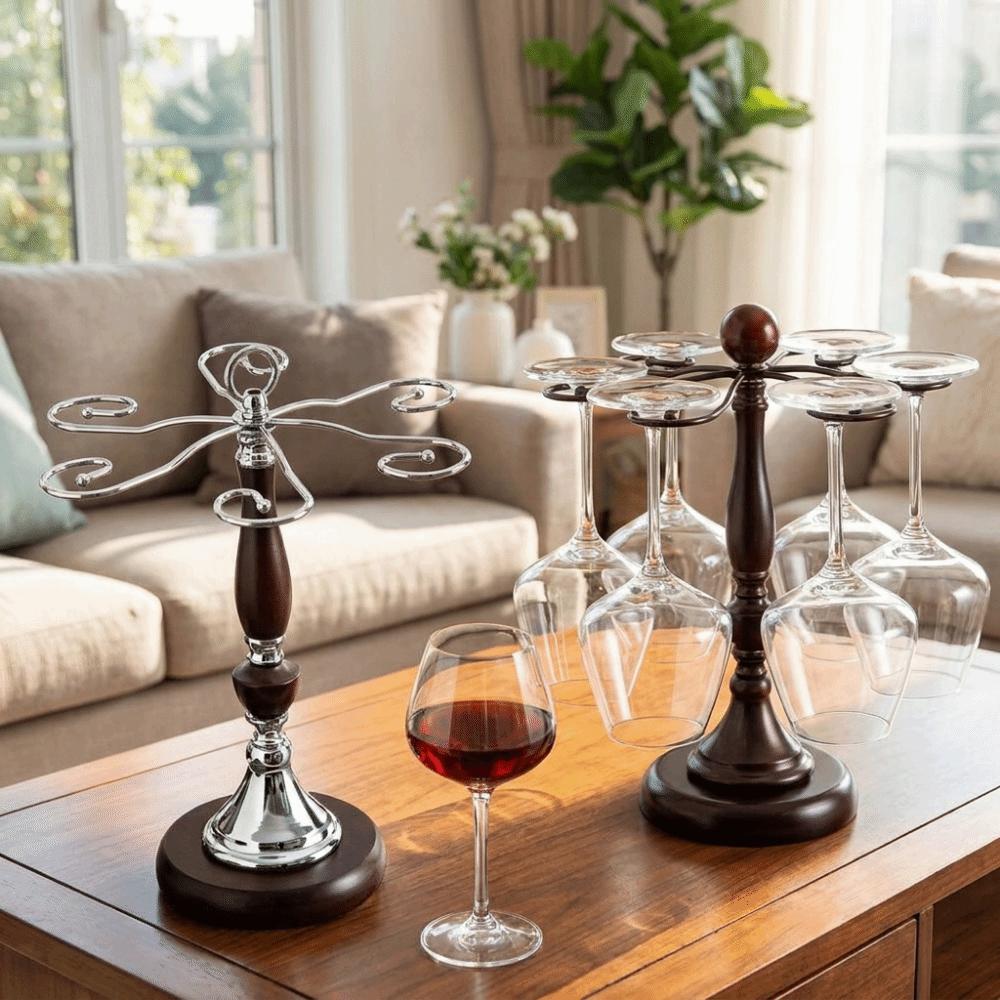 Freestanding 6 Bottles Wine Glass Rack Wooden High-Stem Glass Holder Bar Accessory
